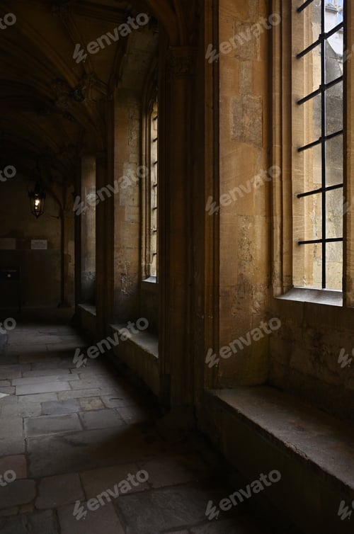 Preview: Vertical shot of a hallway with windows inside of a building