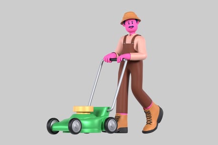 Visualização: Personagem de desenho animado Jardineiro empurrando o cortador