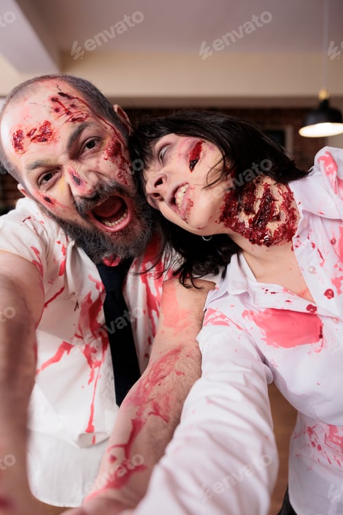 Preview: Man and woman pretending to be creepy creatures, doing photos in office, POV