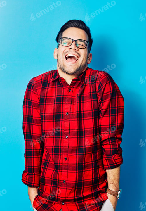 Preview: young man boy portrait face blue background