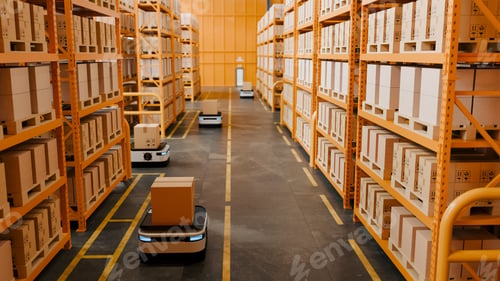 Preview: Automated warehouse logistics center with autonomous robots moving cardboard boxes