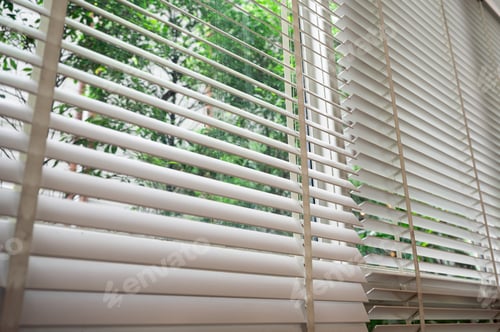 Preview: Venetian blinds looking through garden in office