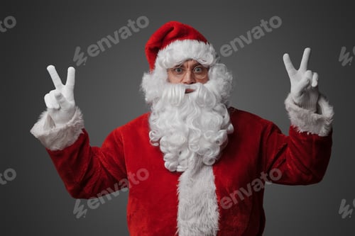 Preview: Funny santa showing rock n roll sign against gray background