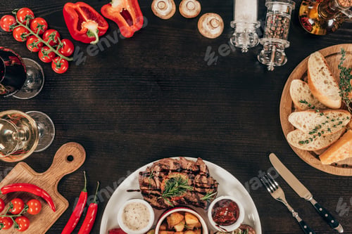 Preview: top view of fresh vegetables and cooked beef steak on table