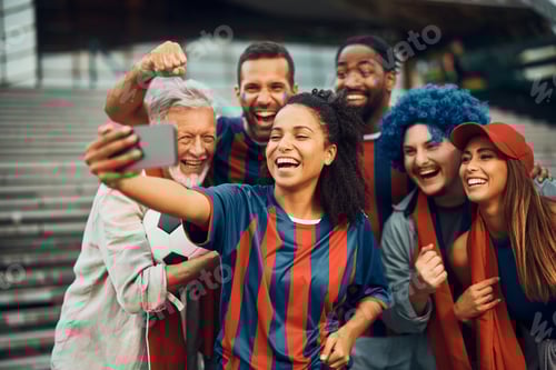 Preview: Group of happy soccer fans taking selfie with smart phone.