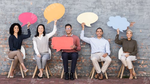 Preview: Speech bubble, feedback and survey with business people and mockup for social media, vote and revie