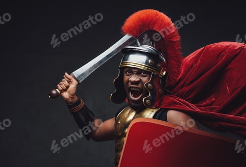 Preview: Furious african warrior with sword and shield going to battle