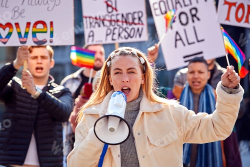 Preview: Group Of Protestors With Placards And Megaphone On Demonstration March For Gender Equality