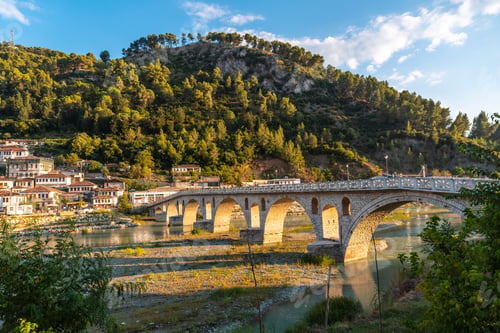 Preview: The Gorica Bridge in the historic city of Berat in Albania and its river, UNESCO World Heritage Site