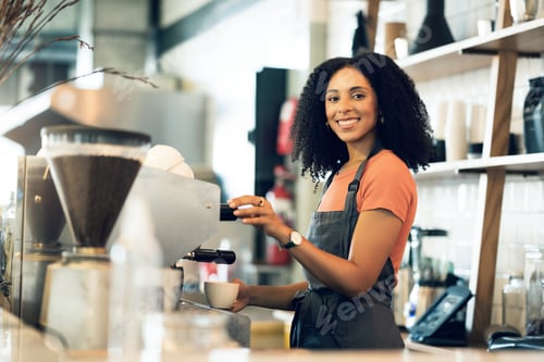 Preview: Happy woman, cafe and portrait of barista in small business, cappuccino or latte at coffee shop. Fe