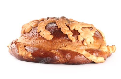 Preview: Korovai isolated on white. Ukrainian bread and salt welcoming tradition