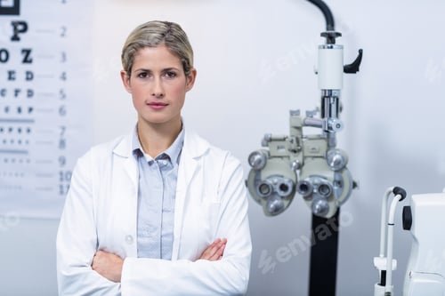 Preview: Female optometrist standing in ophthalmology clinic