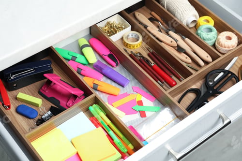 Preview: Stationery and sewing accessories in open desk drawer indoors, closeup