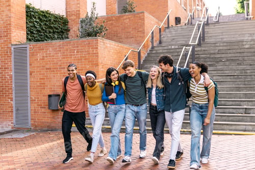 Preview: Diverse happy university students walking together on campus