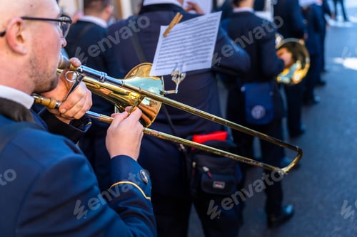 Preview: Wind instrument music band making music on the street.