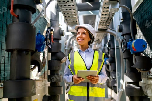 Preview: Portrait of engineer or technician worker woman stay with smiling and in area of pipe network