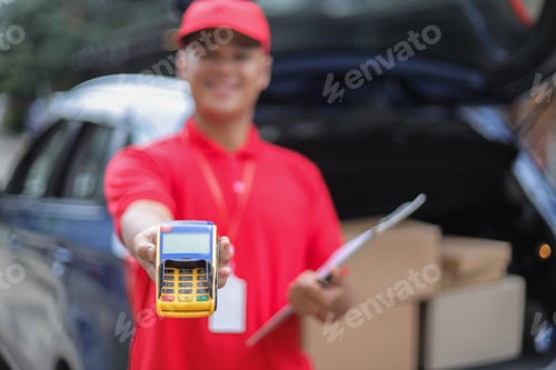 Preview: Selective Focus Of EDC Machine For Cashless Payment Holding By Delivery Man