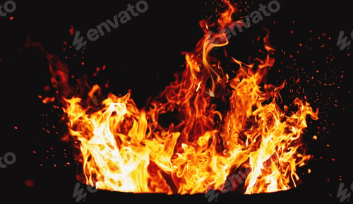 Preview: Bonfire burning at night, camp fire ant fire pit, flames and fire sparkles, nighttime photography