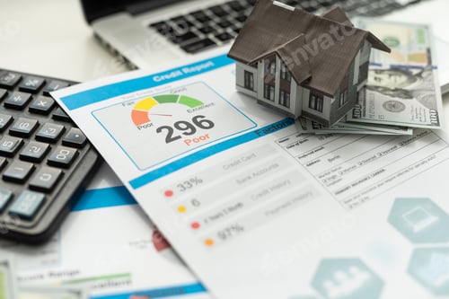 Preview: Credit report with score on a desk