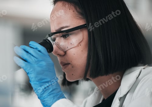 Preview: Science, healthcare and Asian woman in laboratory with microscope for research, analysis and study.