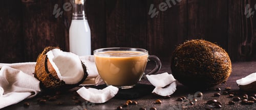 Preview: Vietnamese coconut coffee in a cup and coconut pieces on the table web banner