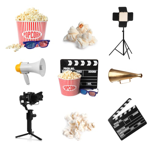 Preview: Set with different cinema equipment and popcorn on white background