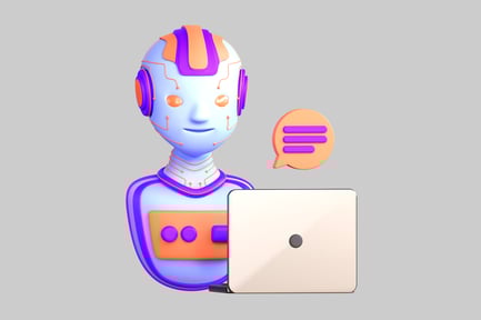 Visualização: Assistente de robô com laptop e bate-papo