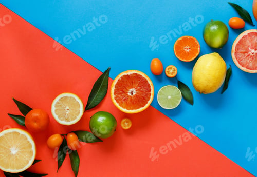 Preview: Citrus fruits on a red and blue background