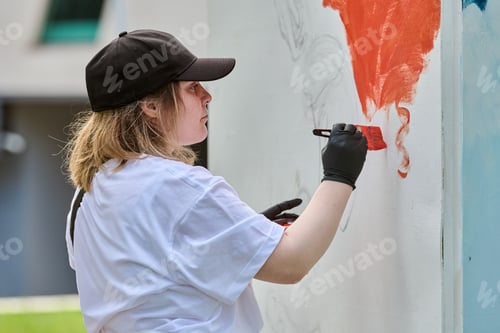 Preview: Young adult woman painting vibrant mural outdoors