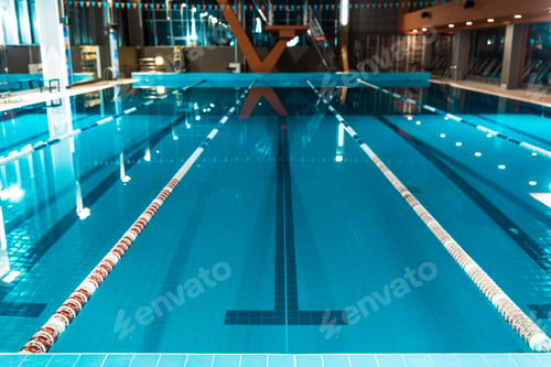 Preview: horizontal view of lanes of a competition swimming pool