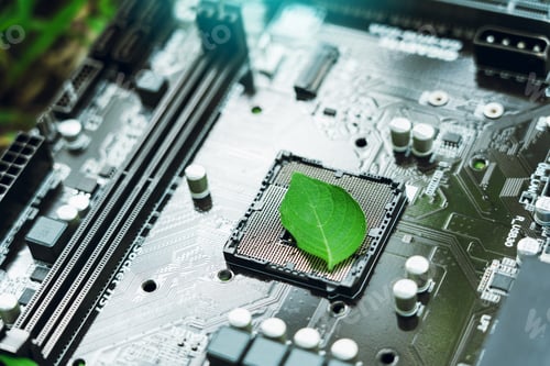 Preview: Green leaves inside a computer circuit board green technology and environmental technology