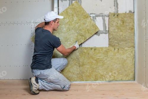 Preview: Worker insulating a room wall with mineral rock wool thermal insulation.