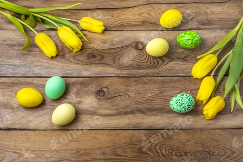 Preview: Easter yellow green eggs and tulips, copy space