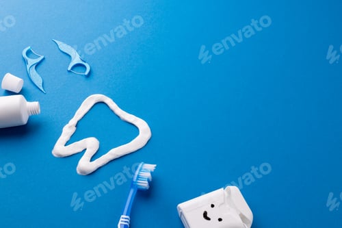 Preview: Image of toothbrush, toothpaste, string, liquid and tooth made of paste on blue surface