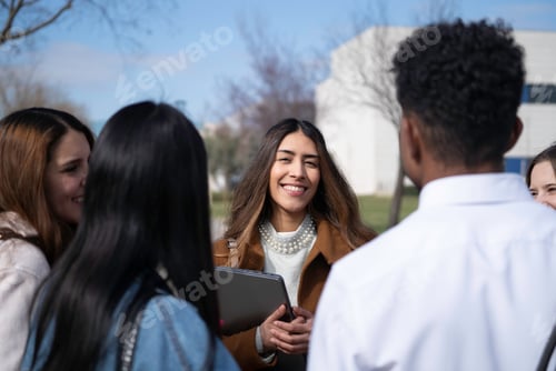 Preview: Diverse university students having a discussion outdoors on campus, sharing ideas and collaborating
