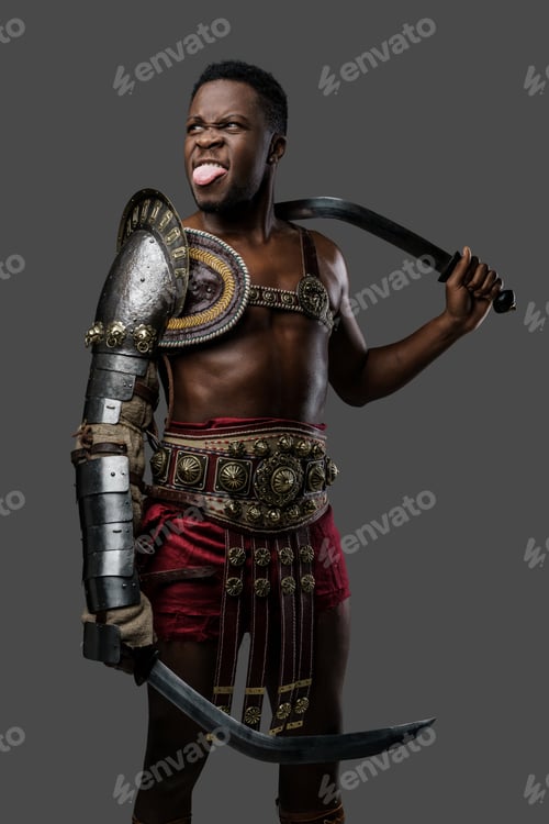 Preview: Funny black gladiator with dual swords against gray background