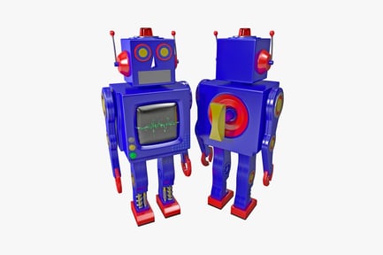 Two bipedal robots with display screens and keyhole symbols