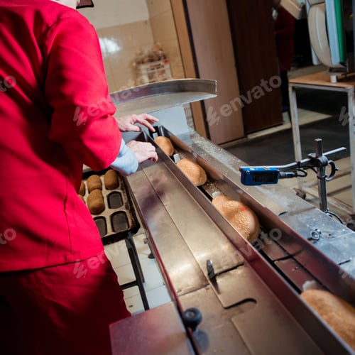 Preview: Worker on bread packaging process on a conveyor belt