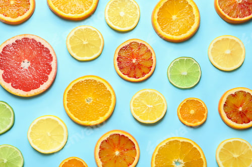 Preview: Different citrus fruits on color background, flat lay