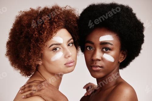 Preview: Beauty, cream and diversity black women portrait in studio with dermatology cosmetic skincare. Aest