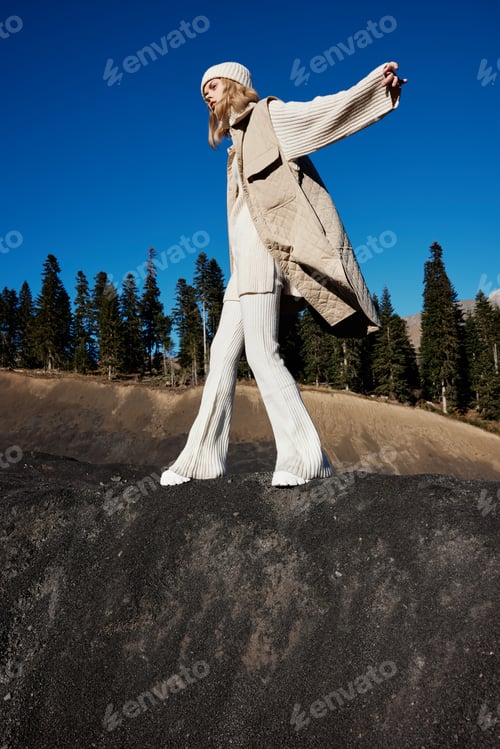 Preview: young woman autumn style travel to the mountains forest nature landscape