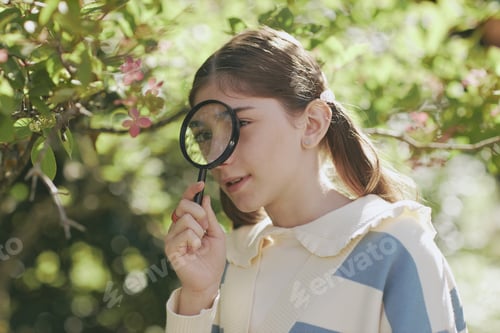Preview: Teen Schoolgirl With Magnifier In Botanical Garden