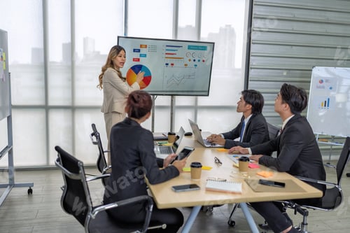 Preview: Employee meeting big screen tv presentation conference discussion brainstorming and working together