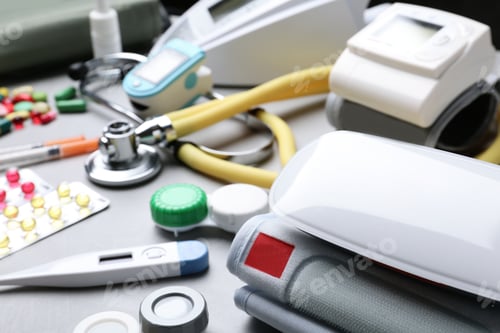 Preview: Various Medical Supplies Arranged on a Gray Surface