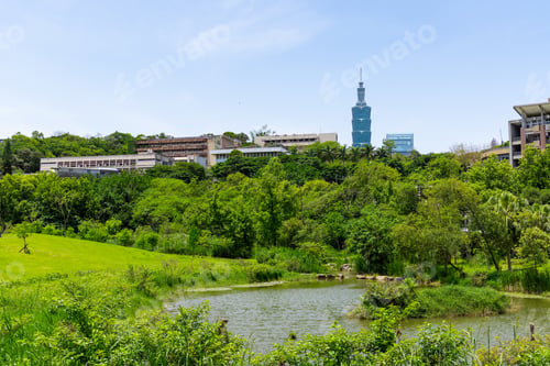 Preview: Taiwan 2 May 2023: Taipei City landmark with green park scenery
