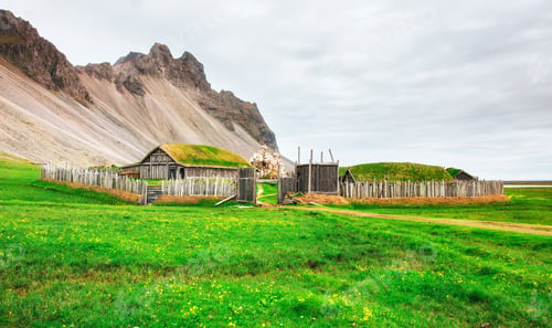 Preview: Traditional Viking village. Wooden houses near the mountain first settlements in Iceland