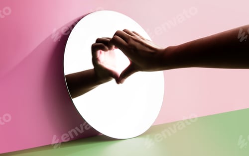 Preview: Conceptual for Love and Relationship.Self Love. Hand to Form a Heart Shape on the Mirror