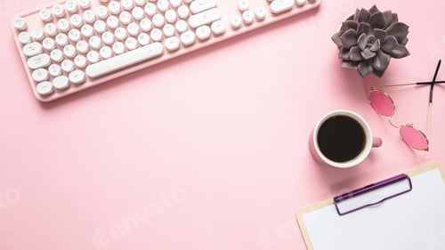 Preview: Computer keyboard and succulent plant against pink background