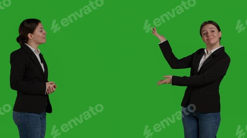 Preview: Professional manager pointing aside to show advertisement