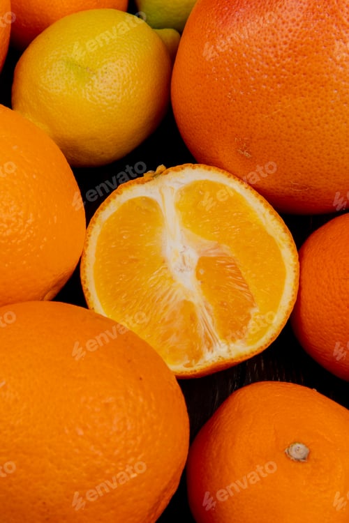 Preview: side view of pattern of citrus fruits as grapefruit lemon orange tangerine for background uses